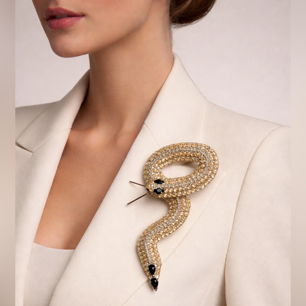 Vintage KJL Snake Brooch – Champagne Rhinestones – Statement Designer Pin